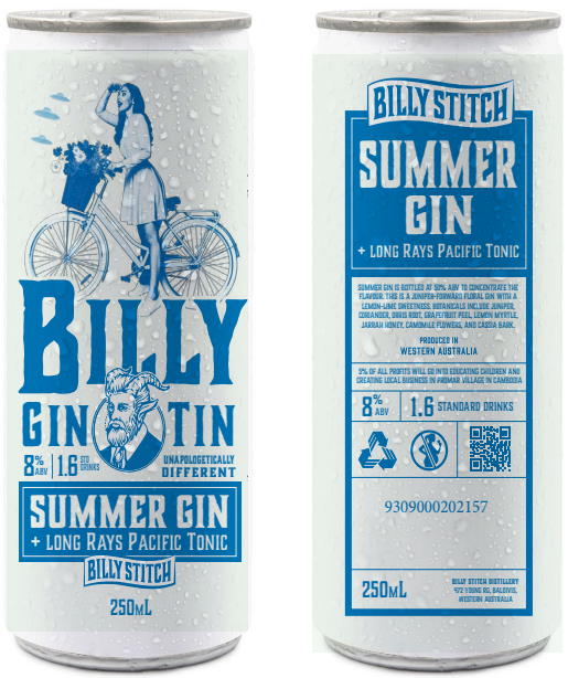 Billy Gin Tin Summer Gin and Pacific Tonic 250ml 4-pack